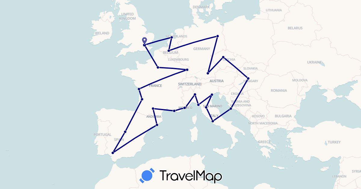 TravelMap itinerary: driving in Belgium, Czech Republic, Germany, Spain, France, United Kingdom, Croatia, Hungary, Italy, Monaco, Netherlands (Europe)